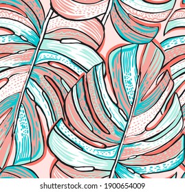 Tropical pattern. Graphic design with amazing monsteras leaves.