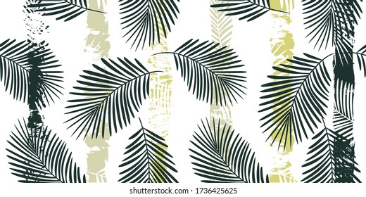 Tropical pattern, graphic palm leaves seamless vector floral background. Exotic plant leaf print illustration. Summer green, black and white jungle print. Leaves of palm tree on paint lines.