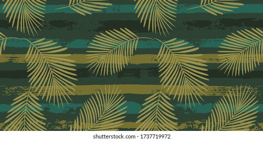 Tropical pattern, graphic palm leaves seamless vector floral background. Exotic plant leaf print illustration. Summer green, black and white jungle print. Leaves of palm tree on paint lines.