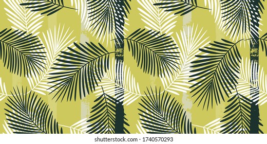 Patrón tropical, hojas gráficas de palma sin costura vectorial de fondo floral. Ilustración de la hoja de planta exótica. Huella veraniega verde, negra y blanca de la jungla. Hojas de palmera en líneas de pintura.
