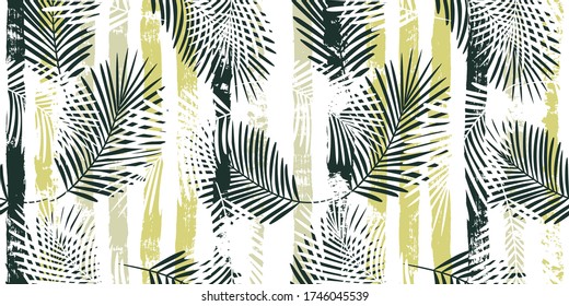 Tropical pattern, graphic palm leaves seamless vector floral background. Exotic plant leaf print illustration. Summer green, black and white jungle print. Leaves of palm tree on paint lines.