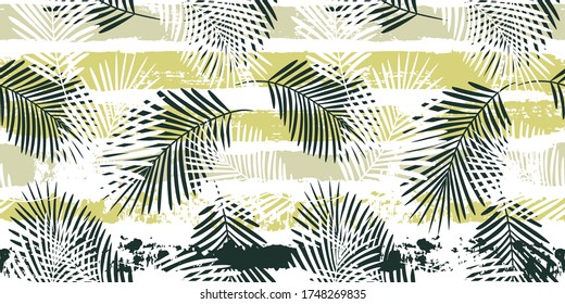 Tropical pattern, graphic palm leaves seamless vector floral background. Exotic plant leaf print illustration. Summer green, black and white jungle print. Leaves of palm tree on paint lines.