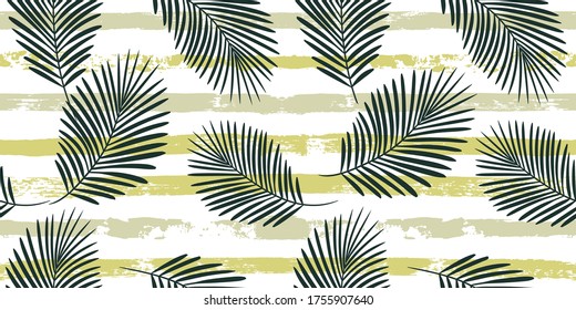 Tropical pattern, graphic palm leaves seamless vector floral background. Exotic plant leaf print illustration. Summer green, black and white jungle print. Leaves of palm tree on paint lines.