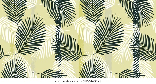 Tropical pattern, graphic palm leaves seamless vector floral background. Exotic plant leaf print illustration. Summer green, black and white jungle print. Leaves of palm tree on paint lines.