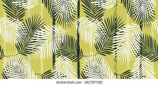 Tropical pattern, graphic palm leaves seamless vector floral background. Exotic plant leaf print illustration. Summer green, black and white jungle print. Leaves of palm tree on paint lines.