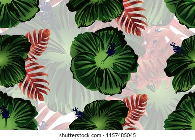 Tropical pattern. Green blue exotic summer flower vector background. Beauty fasion monstera, palm leaves and hibiscus flowers. Hawaiian tropic jungle endless print. Natural swimwear design.
