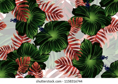 Tropical pattern. Green blue exotic summer flower vector background. Beauty fasion monstera, palm leaves and hibiscus flowers. Hawaiian tropic jungle endless print. Natural swimwear design.
