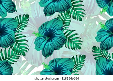 Tropical pattern. Green blue exotic summer flower vector background. Beauty fasion monstera, palm leaves and hibiscus flowers. Hawaiian tropic jungle endless print. Natural swimwear design.
