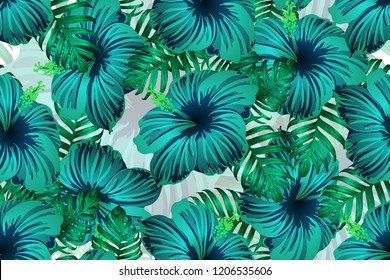 Tropical pattern. Green blue exotic summer flower vector background. Beauty fasion monstera, palm leaves and hibiscus flowers. Hawaiian tropic jungle endless print. Natural swimwear design.
