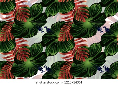 Tropical pattern. Green blue exotic summer flower vector background. Beauty fasion monstera, palm leaves and hibiscus flowers. Hawaiian tropic jungle endless print. Natural swimwear design.