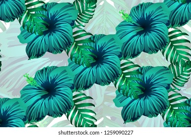 Tropical pattern. Green blue exotic summer flower vector background. Beauty fasion monstera, palm leaves and hibiscus flowers. Hawaiian tropic jungle endless print. Natural swimwear design.