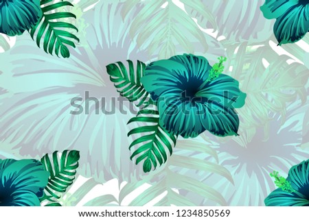 Tropical pattern. Green blue exotic summer flower vector background. Beauty fasion monstera, palm leaves and hibiscus flowers. Hawaiian tropic jungle endless print. Natural swimwear design.