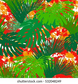 Tropical pattern green jungle of paradise beautiful leaves monstera and palm leaf. Vector tropic foliage paradise print for wallpaper.
