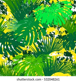 Tropical pattern green jungle of paradise beautiful leaves monstera and palm leaf. Vector tropic foliage paradise print for wallpaper.