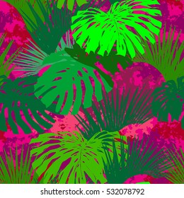 Tropical pattern green jungle of paradise beautiful leaves monstera and palm leaf. Vector tropic foliage paradise print for wallpaper.