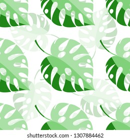 Tropical pattern, green leaves on a white background. Monstera seamless pattern.  Vector illustration.