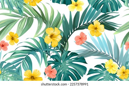 Tropical pattern with green monstera leaves and hibiscus flowers. Summer vector background or textile illustration.