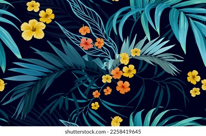 Tropical pattern with green monstera leaves and hibiscus flowers. Summer vector background or textile illustration.