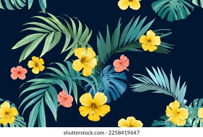 Tropical pattern with green monstera leaves and hibiscus flowers. Summer vector background or textile illustration.