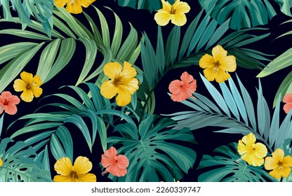 Patrón tropical con hojas verdes de monstera y flores de hibisco. Fondo vectorial de verano o ilustración textil.