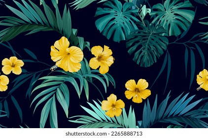 Patrón tropical con hojas verdes de monstera y flores de hibisco. Fondo vectorial de verano o ilustración textil.