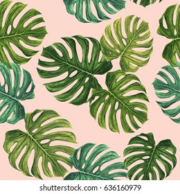Tropical pattern with green Monstera leaves on pink background. Seamless pattern vector design.