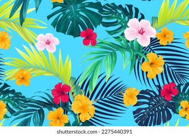 Tropical pattern with green palm leaves and hibiscus flowers. Summer bright blue vector background or textile illustration.