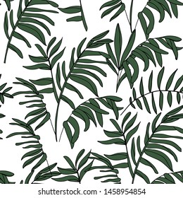 tropical pattern with green palm tree leaves on white background seamless pattern