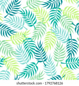 Tropical pattern with green palm tree leaves on white background. Great for wallpaper, backgrounds, invitations, packaging, design projects, textile scrapbooking
