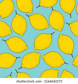 Tropical pattern with hand drawn lemons on mint background