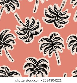 Tropical pattern with hand drawn palm trees. Hawaiian summer background for fabric, textiles, clothing, poster, cover, decoration, banner, wallpaper, interior decor. Vector illustration.