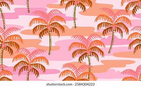 Tropical pattern with hand drawn palm trees. Hawaiian summer background for fabric, textiles, clothing, poster, cover, decoration, banner, wallpaper, interior decor. Vector illustration.