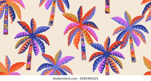 Tropical pattern with hand drawn palm trees. Hawaiian summer background for fabric, textiles, clothing, poster, cover, decoration, banner, wallpaper, interior decor. Vector illustration.