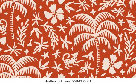 Tropical pattern with hand drawn palm trees. Hawaiian floral summer background for fabric, textiles, clothing, poster, cover, decoration, banner, wallpaper, interior decor. Vector illustration.