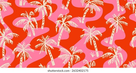 Tropical pattern with hand drawn palm trees and abstract with wave stripe. Hawaii summer background for fabric, textiles, clothing, cover, banner, wallpaper, interior decor. Vector illustration.