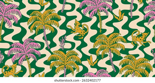 Tropical pattern with hand drawn palm trees and abstract with wave stripe. Hawaii summer background for fabric, textiles, clothing, cover, banner, wallpaper, interior decor. Vector illustration.