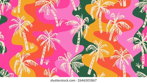 Tropical pattern with hand drawn palm trees and colorful wave stripe. Hawaii summer background for fabric, textiles, posters, covers, banners, wallpaper and interior decor. Vector illustration.
