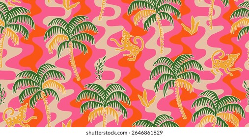 Tropical pattern with hand drawn palm trees and colorful wave stripe. Hawaii summer background for fabric, textiles, posters, covers, banners, wallpaper and interior decor. Vector illustration.