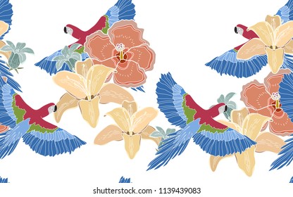 Tropical pattern of hawaiian flowers with exotic blue parrots. Vintage vector botanical illustration. Seamless background, texture, wrapper pattern, frame or border. Digital nature art.