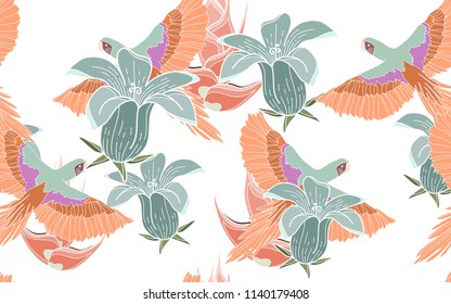 Tropical pattern of hawaiian flowers with exotic orange parrots. Vintage vector botanical illustration. Seamless background, texture, wrapper pattern, frame or border. Digital nature art.