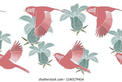 Tropical pattern of hawaiian flowers with exotic red birds. Vintage vector botanical illustration. Seamless background, texture, wrapper pattern, frame or border. Digital nature art.