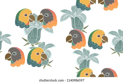 Tropical pattern of hawaiian flowers with exotic parrots. Vintage vector botanical illustration. Seamless background, texture, wrapper pattern, frame or border. Digital nature art.