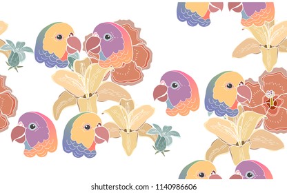 Tropical pattern of hawaiian flowers with exotic parrots. Vintage vector botanical illustration. Seamless background, texture, wrapper pattern, frame or border. Digital nature art.