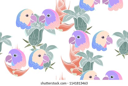 Tropical pattern of hawaiian flowers with exotic parrots. Vintage vector botanical illustration. Seamless background, texture, wrapper pattern, frame or border. Digital nature art.