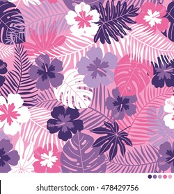 Tropical pattern with hibiscus flowers and botanical leaves background