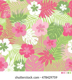 Tropical pattern with hibiscus flowers and botanical leaves background