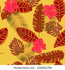 Tropical pattern with hibiscus flowers and leaves. Exotic seamless pattern with tropical leaves. Ethnic Background with Hawaiian flowers and plants.