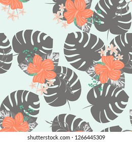 Tropical pattern with hibiscus flowers and leaves. Exotic seamless pattern with tropical leaves. Ethnic Background with Hawaiian flowers and plants.