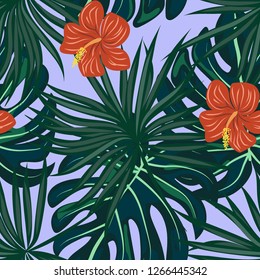 Tropical pattern with hibiscus flowers and leaves. Exotic seamless pattern with tropical leaves. Ethnic Background with Hawaiian flowers and plants.