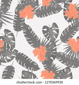 Tropical pattern with hibiscus flowers and leaves. Exotic seamless pattern with tropical leaves. Ethnic Background with Hawaiian flowers and plants.